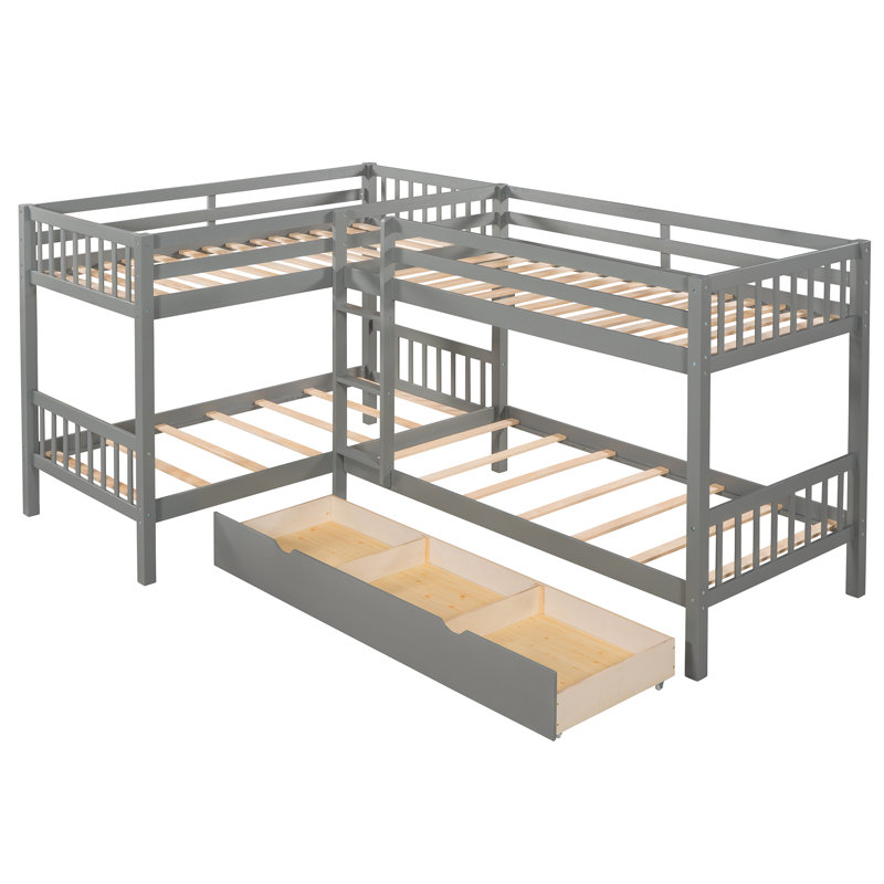 L-Shaped Bunk Bed With Drawers, Grey