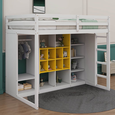 Lit mezzanine avec garde-robe intégré, tablettes, armoire et marches