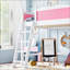 Lit mezzanine simple en bois massif avec garde-corps pleine longueur, échelles et rangement spacieux sous le lit, rose et blanc