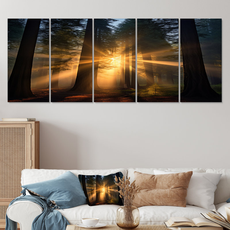 «God Rays Sunshine Through The Forest», art mural en bois de séquoia 5 pièces, H 28 po x l 60 po