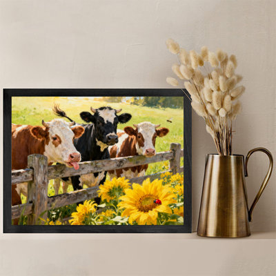 Art encadré noir rétro Les vaches en attente de tournesols dans la clôture, impressions sur toile de style rétro