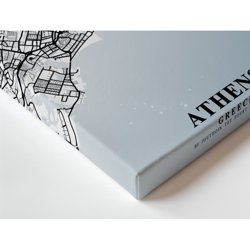 Toile, art mural de la carte d'Athènes en Grèce méticuleusement fabriquée en noir et blanc, H 9 po x l 12 po