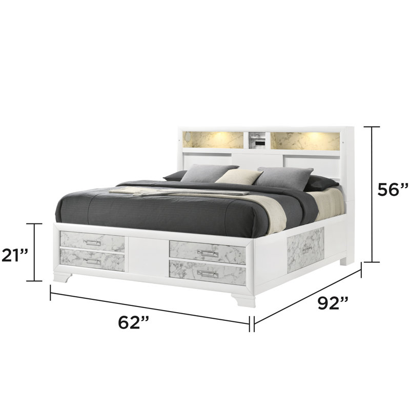 Grand lit en bois blanc au design moderne avec panneaux en marbre, éclairage intégré et technologie