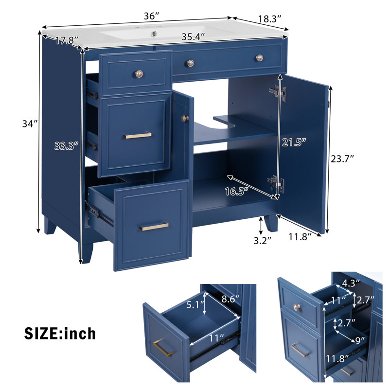  Villeroux 36'' Single Bathroom Vanity with Ceramic Top, Blue
