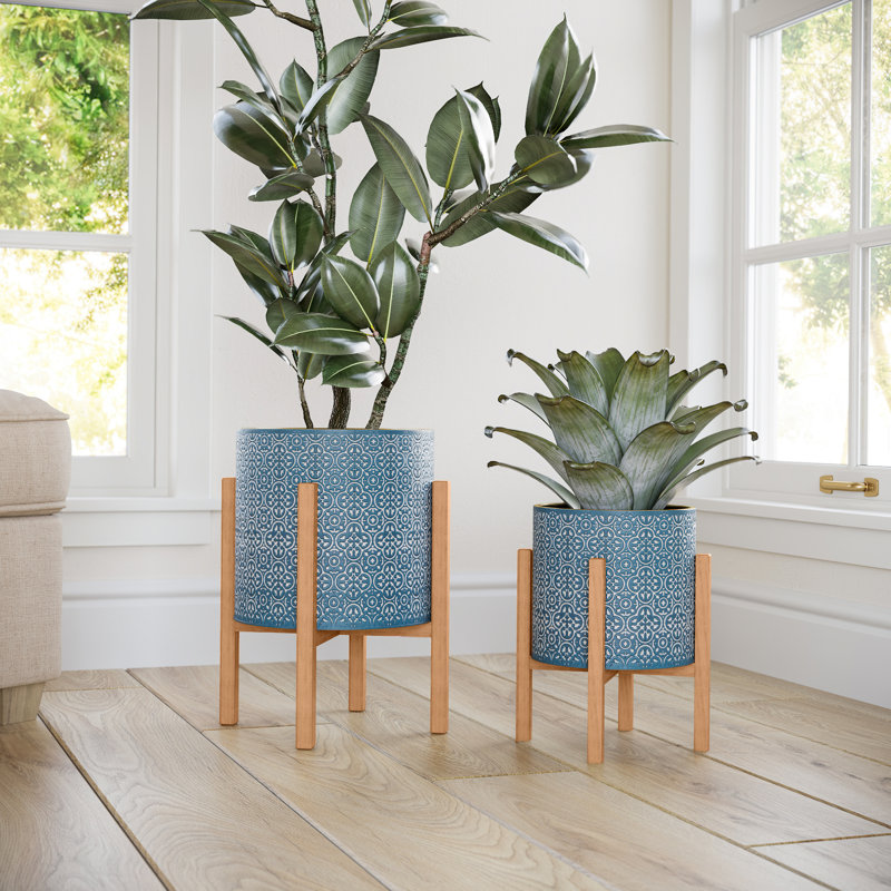 Saphira Glam Indoor Metal Pot Planter 4-Leg Wood Base - Set