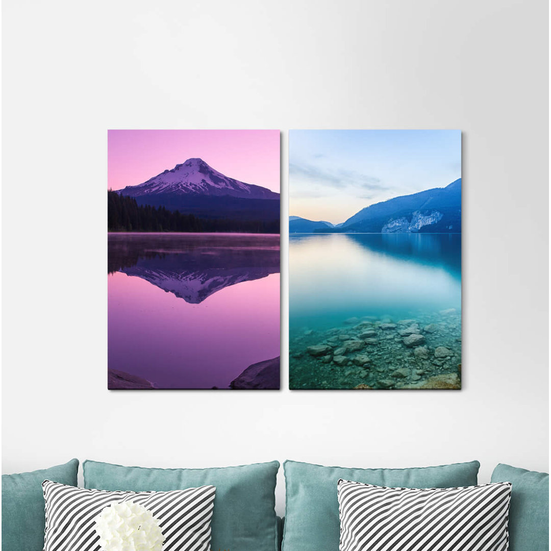 2-tlg. Leinwandbilder-Set - Fotografie „Fuji Japan Volcano Lake Calm Majestic Peaceful”