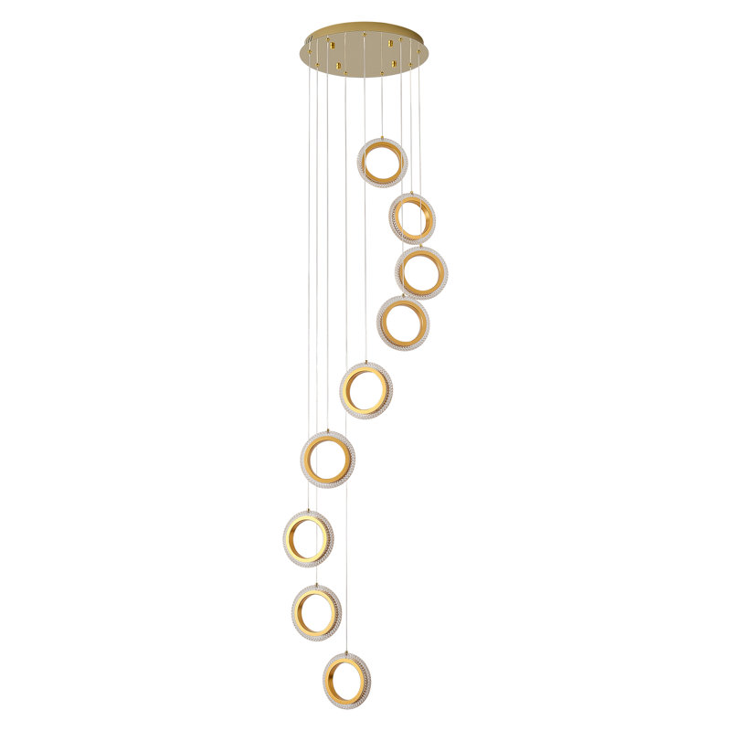 Gold Acrylic and Aluminum 9-Ring Adjustable Height Chandelier