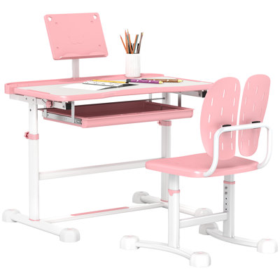 Qaba Kids Desk And Chair Set, Height Adjustable Kids Study Table And Chair Set With Tilt Desktop, Large Writing Board, Storage Drawer, Book Stand For
