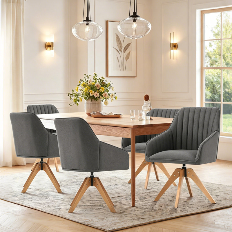  Upholstered Swivel Accent Chair, Linen Fabric Ergonomic Wood Arm Chair for Living Room, Bedroom, Dark Gray Linen Blend