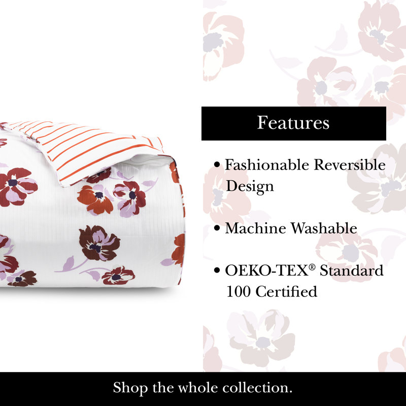 kate spade new york Fall Poppies Twin Comforter Set, 100% Cotton, All Season 2 Piece Reversible Bedding Set, White and Garnet