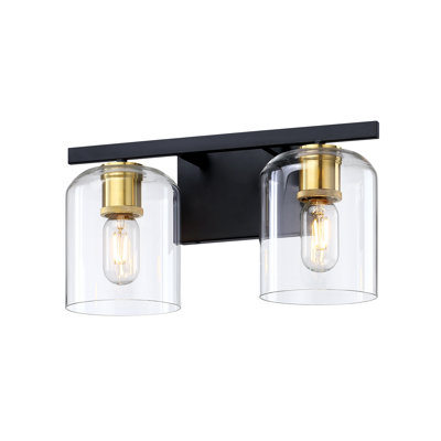 Éclairage pour salle de bain 2 lumières 15,5 po à deux tons noir et or doux avec douilles décoratives rétro et abat-jour en verre transparent