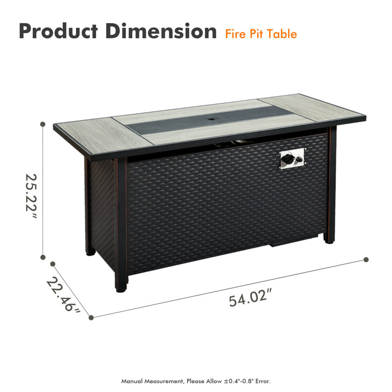 Table de foyer d'extérieur rectangulaire de 22,46 po x l 54,02 po, chaufferette au propane en acier pour patio, jardin, cour