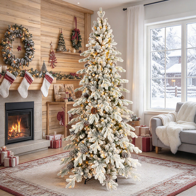 Arbre de Noël pré-éclairé avec pomme de pin, lumières DEL et base en métal, 9' H