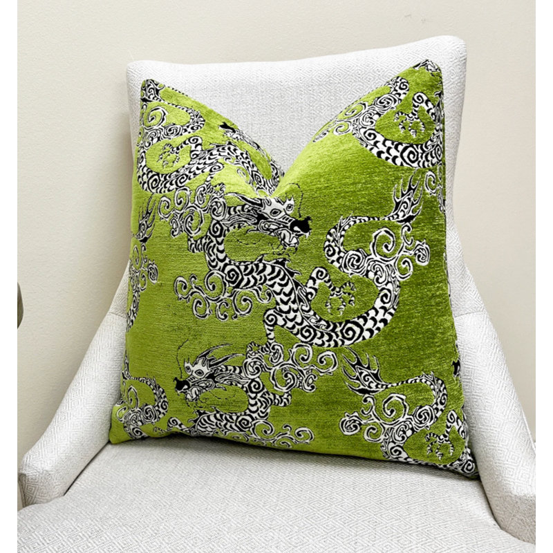Housse de coussin en chenille brodée, Imprimé animal blanc / vert, H 20 po x l 20 po