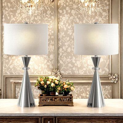 2-Piece Set of Table Lamps, Modern Metal Bedside Lamps with 3-Color Temperature Dimming Feature and 2 USB Ports, 26.5" Large Nightstand Lamps with White Fabric Shade for Living Room and Bedroom Decor
