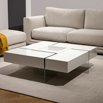 Table basse 47 "carrée en bois et verre transparent blanc et transparent