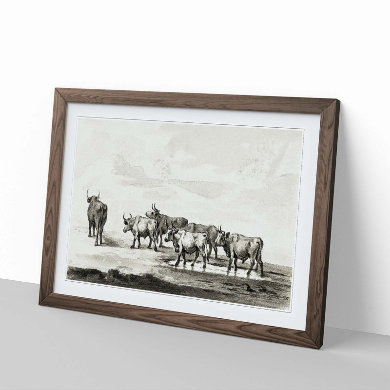 Herd of Bulls by Jean Bernard - Picture Frame Drawing Print, Walnut Framed, 36cm H x 48cm W x 2cm D