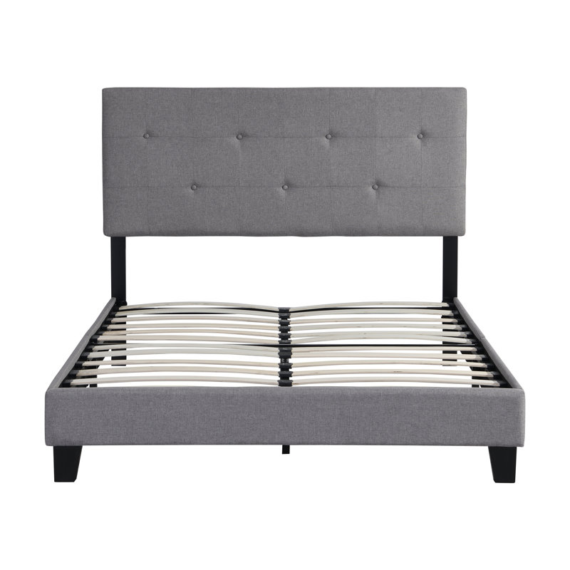 Full Size Modern Upholstered Platform Bed Frame w/ Tufted Linen Headboard, No Box Spring Needed,Grey, Gray, Queen