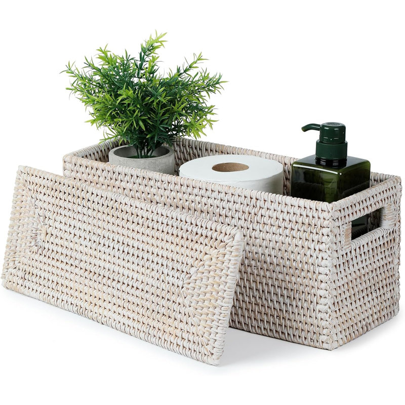  Panier de toilette en rotin pour salle de bain, blanc délavé