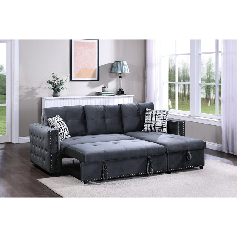 Canapé modulaire en velours gris avec méridienne réversible et accoudoirs carrés avec rangement contemporain