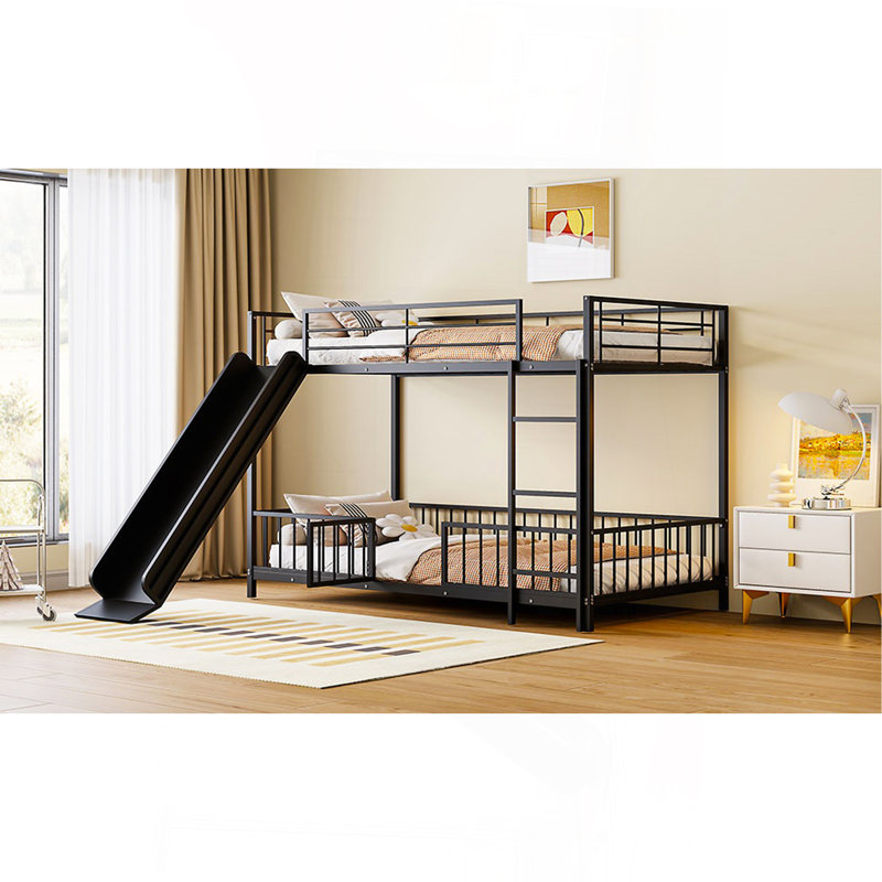 Twin Over Twin Size Metal Bunk Bed With Slide And Guardrails, Black