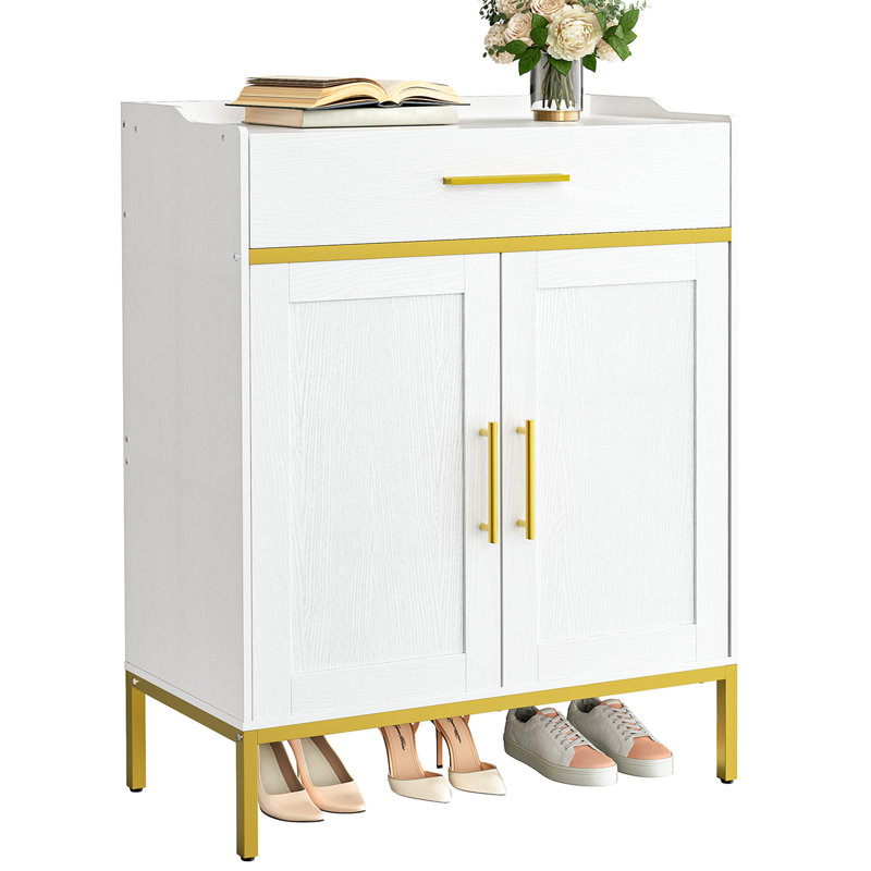 5-Tier Shoe Storage Cabinet with Drawers, White/Gold