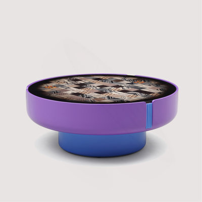 Modern Round Coffee Table with Geometric Inlay Top, Purple and Blue High-Gloss Finish, 33.46 Inch Width