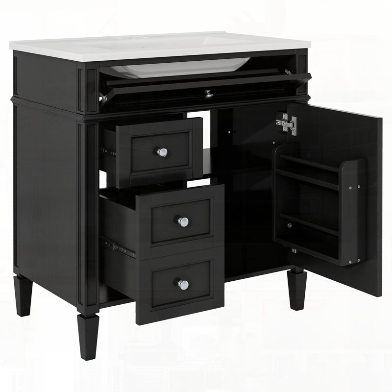 Meuble-lavabo moderne avec évier supérieur et plusieurs tiroirs, Noir, Argent argent