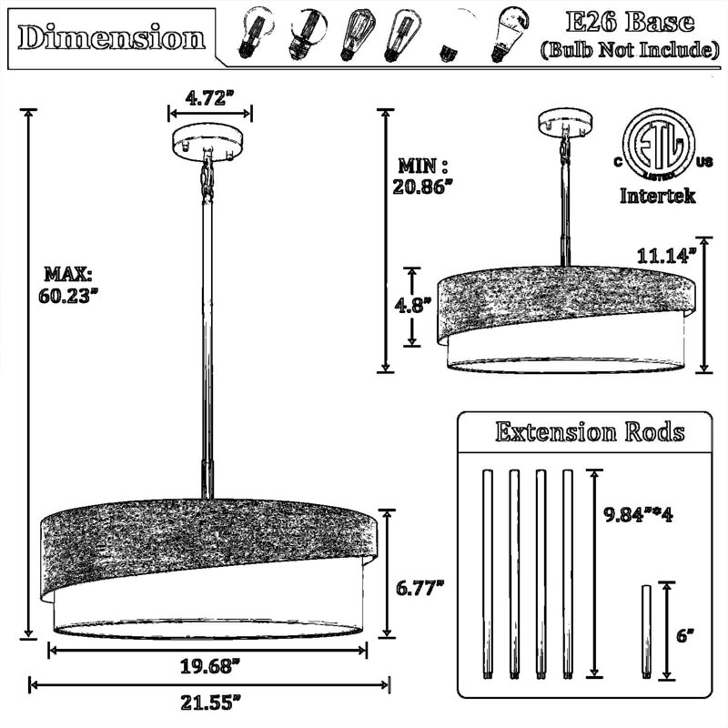 Lustre de ferme 5 lumières avec finition grain de bois et abat-jour en tissu, luminaire suspendu tambour réglable pour la salle à manger, le salon, la chambre à coucher, le vestibule et la cuisine