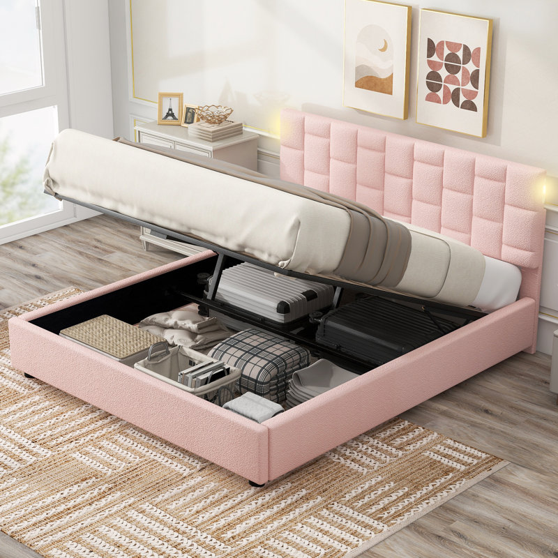 Lit plateforme tapissier avec rangement Huldia, Rose