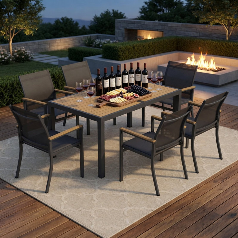 Ensemble de salle à manger 7 pièces en aluminium gris, table rectangulaire haute densité HDPS à 6 places et chaises en textilène pour le patio