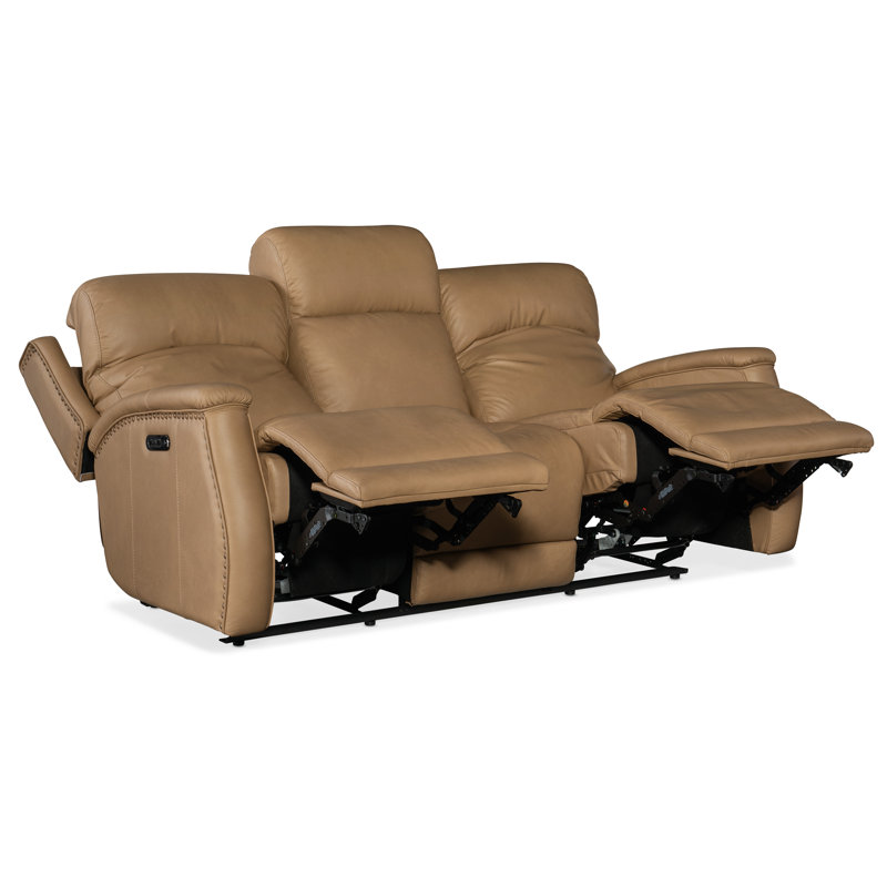 Sahara Sand Leather Power Reclining Sofa with Nailhead Trim