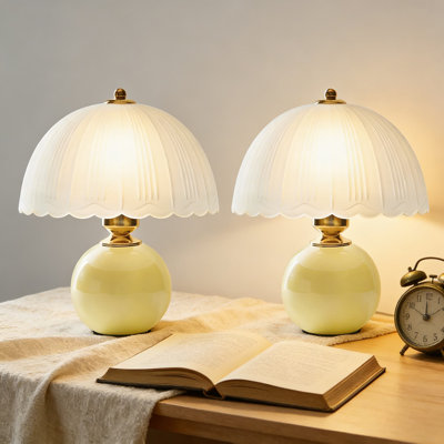 Ceramic Table Lamp Set Of 2, Mid-Century Modern Bedside Lamps With Glass Mushroom Shade, Vintage Desk Lamp For Nightstand, Living Room, Bedroom Home Decor