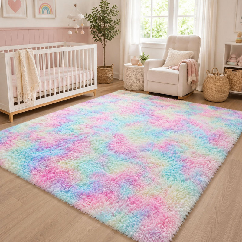Tapis arc-en-ciel à poils longs et moelleux de 120 x 180 cm pour chambre et salle de jeux pour filles
