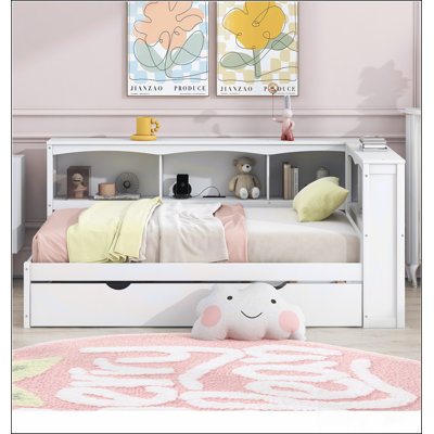 Lit de jour simple avec lit gigogne, armoires de rangement et ports USB