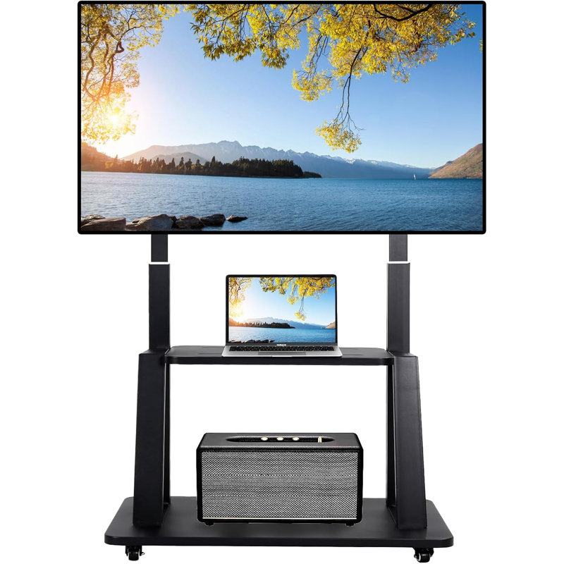 Heavy Duty Rolling TV Stand With Adjustable Height, Universal Compatibility For 42-86 Inch Flat/Curved Tvs, Mobile TV Cart With Wheels, Laptop DVD Shelf, Supports Up To 176Lbs