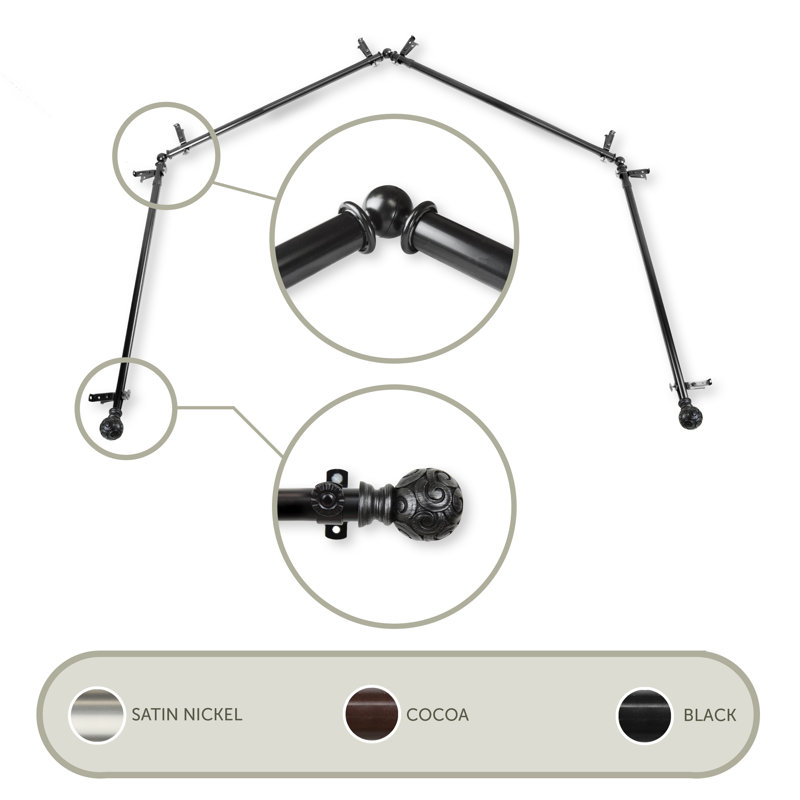 Ensemble de tringle à rideaux simple et quincaillerie pour fenêtre à 4 côtés Margunde, 28 po à 48 po (chaque côté), Noir