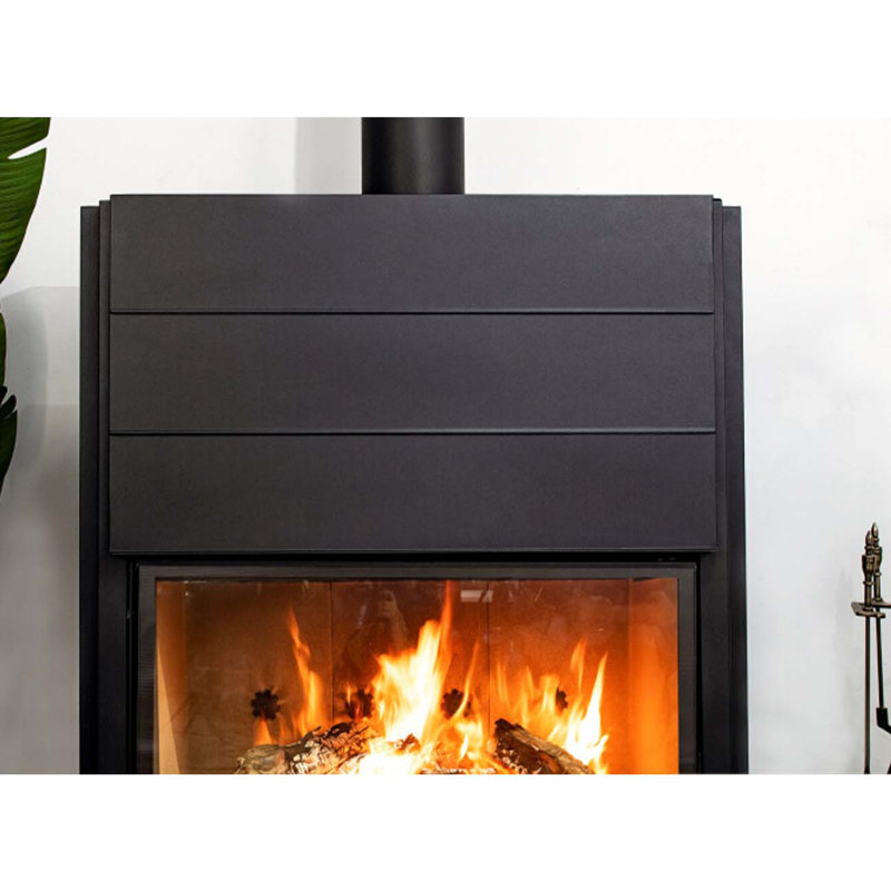 Simple steel interior with wood fireplace