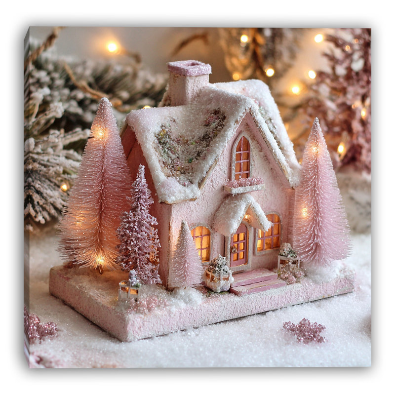 «Pink Winter Cottage», art mural sur toile tendue, H 40 po x l 40 po