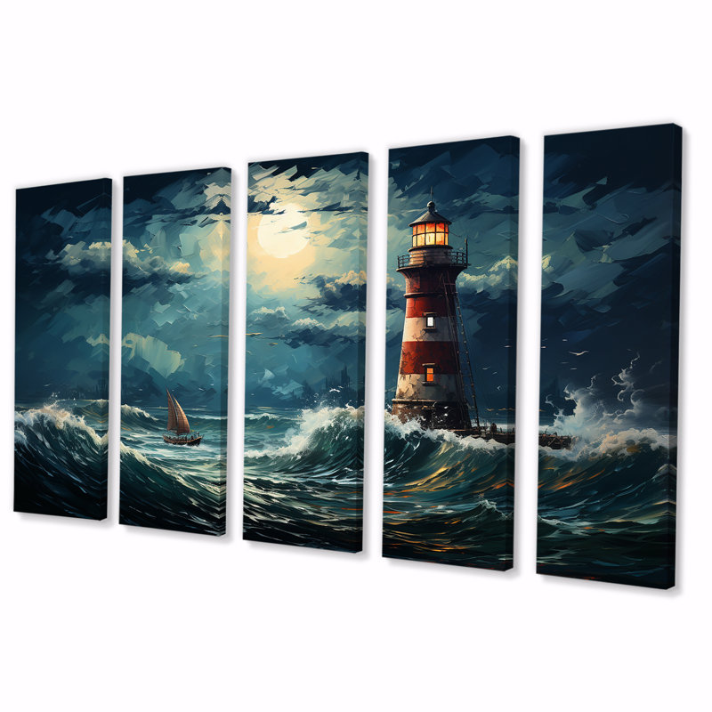 Phare de la mer orageuse I - Phares, art mural 5 pièces, H 28 po x l 60 po