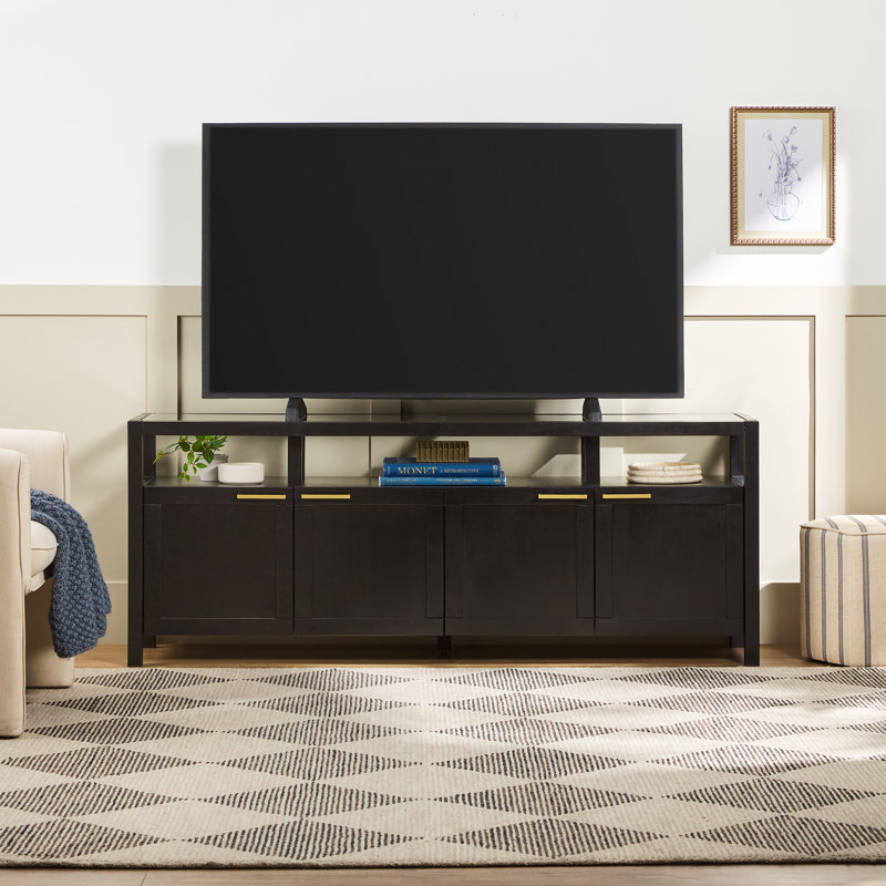 Modern Solid Wood  TV Stand With Glass Top, Black, 27"H x 70"L x 16"W
