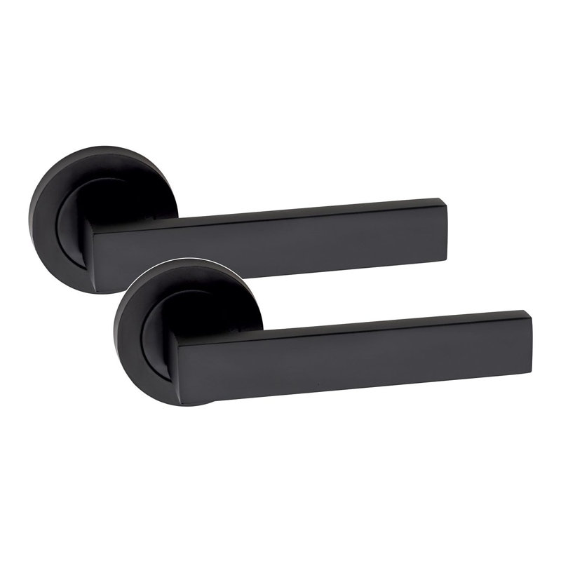  Delta Handles Set on Round Rose in Matt Black Finish with 64mm 3 Lever Mortise Lock and Key Hole