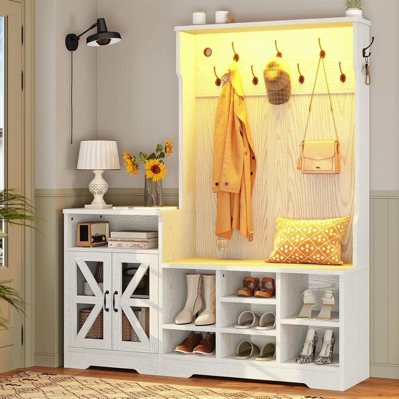 Embossed White Hall Tree with Bench and Storage Shelves