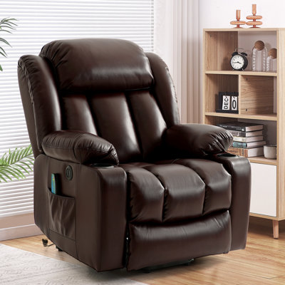 Power Lift Recliner Chair with Heat & Massage, Leather Recliners with Cup Holder, USB Charge, for Living Room (Brown)