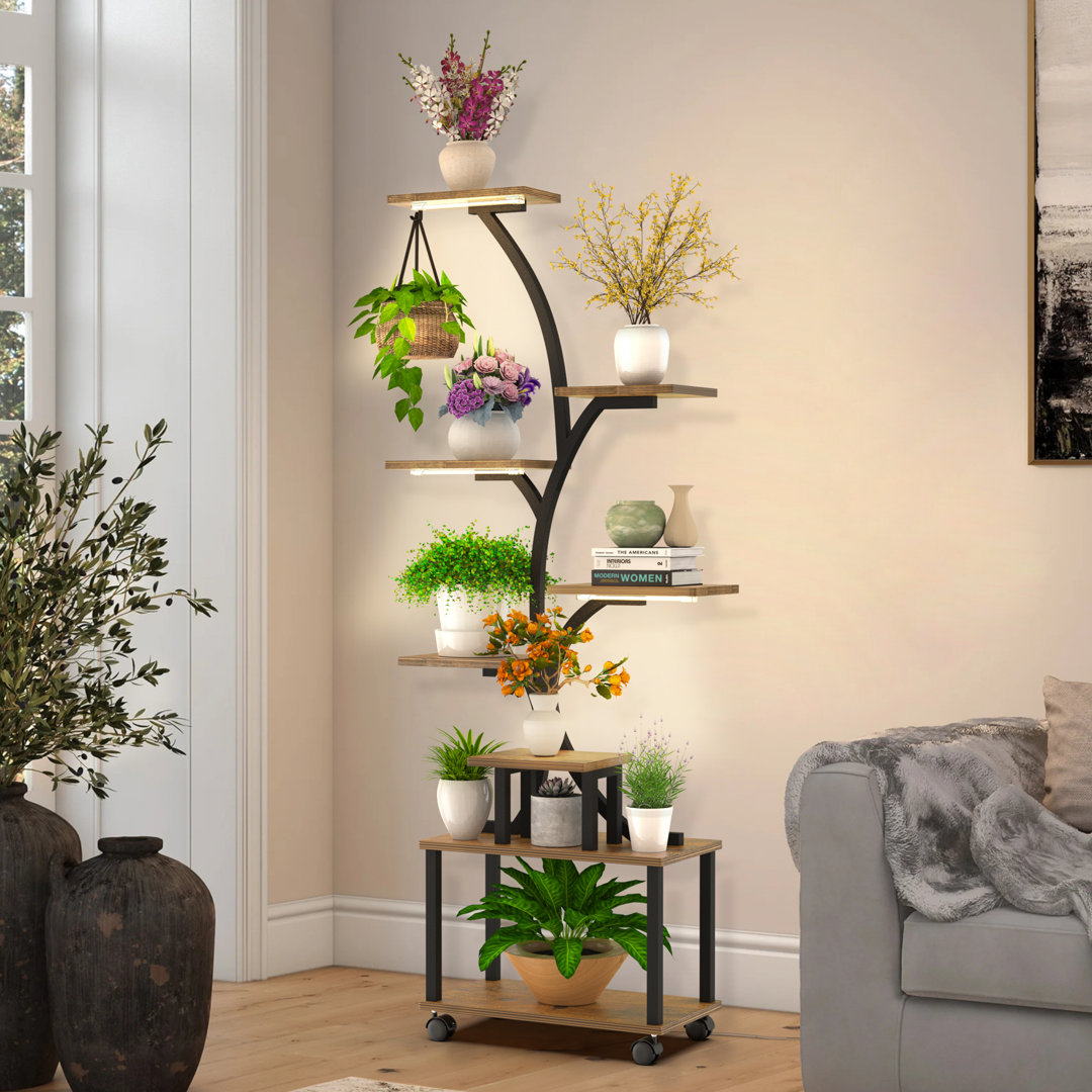 63”H Rolling Indoor Plant Stand With Grow Light, 8 Tiered Indoor Plant Shelf
