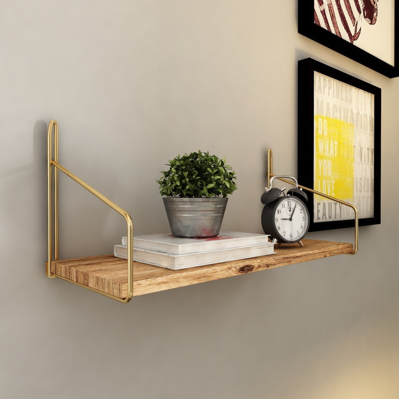 Solid Wood Wall Shelf with Metal Brackets, 17.7 x 6.3 x 6.3 inches | Durable 100% Solid Wood, Holds Up to 6.6 lbs | Modern Industrial Design in Gold and Brown | Perfect for Home, Office, or Gallery Display