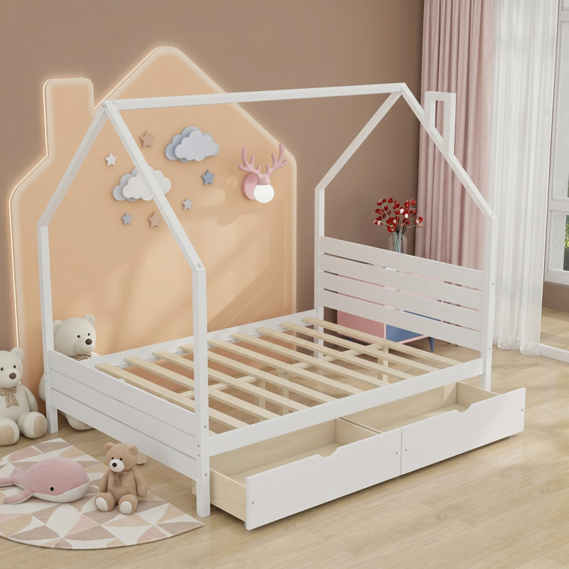 Lit maison avec tiroirs de rangement et toit décoratif, White, Full