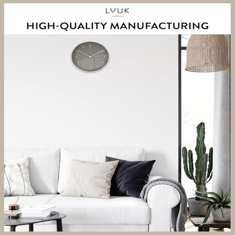 Horloge murale avec mouvement silencieux LUUK, style scandinave minimaliste, cadeau pour emménager, chiffres arabes faciles à lire, gris foncé