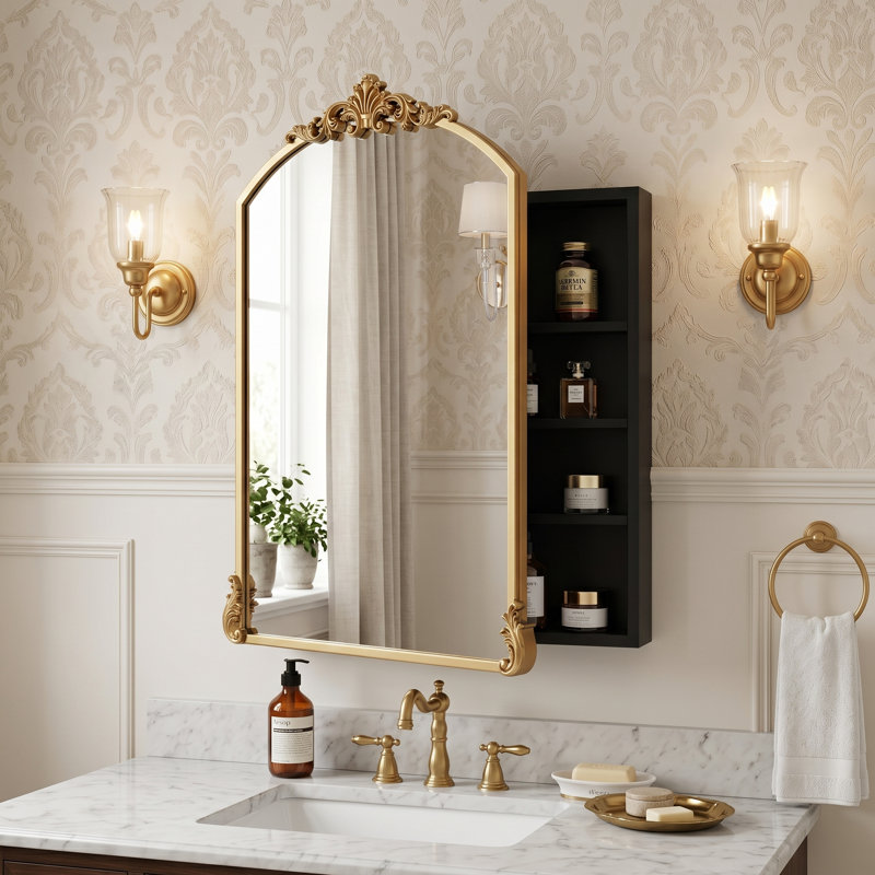 Pharmacie baroque en métal 32 po x 24 po avec miroir et ornements amovibles, H 32 po x l 24 po x P 5 po, Gold