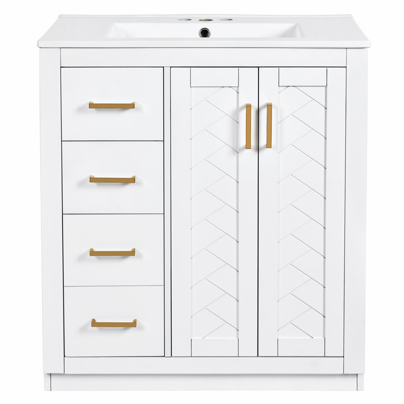 Meuble-lavabo en céramique 30 po - 3 tiroirs pour rangement pratique 2 portes, Blanc